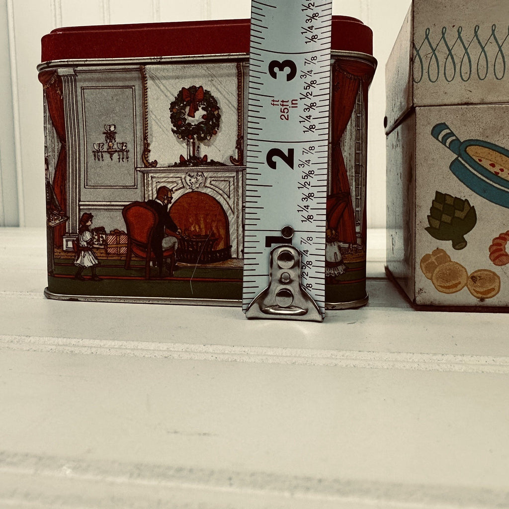 Lot 2 Vintage Tin Boxes Potpourri Press Recipe Tin & Christmas Scene Storage