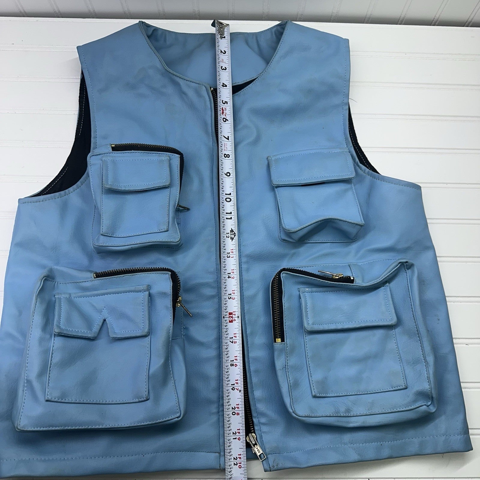 Y2K Blue Faux Leather Cargo Pants Size 32  & Utility Vest Set Mens Size M