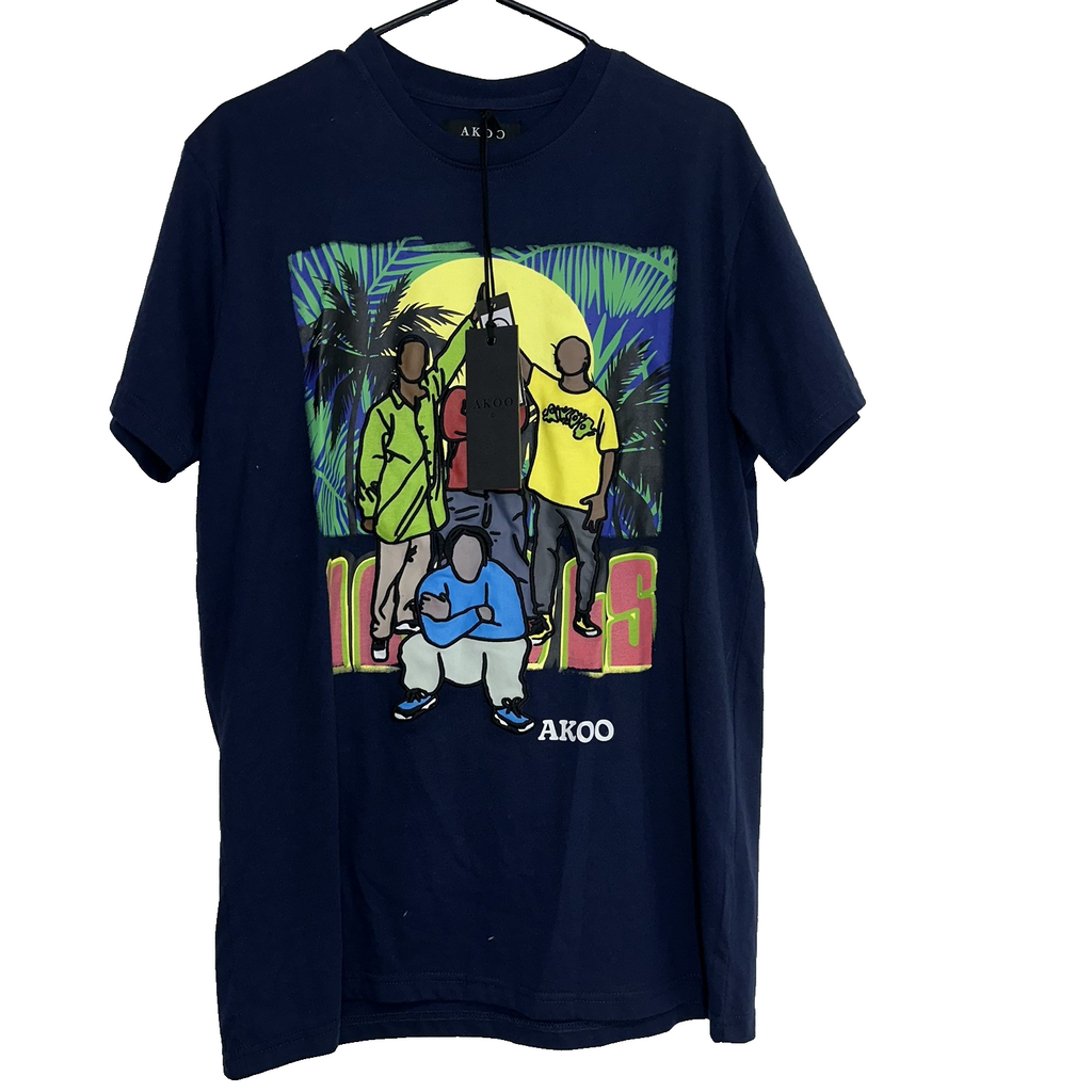 New AKOO Graphic T-Shirt Mens Size M Navy Blue Cousins SS Knit Mayblazer StreetW