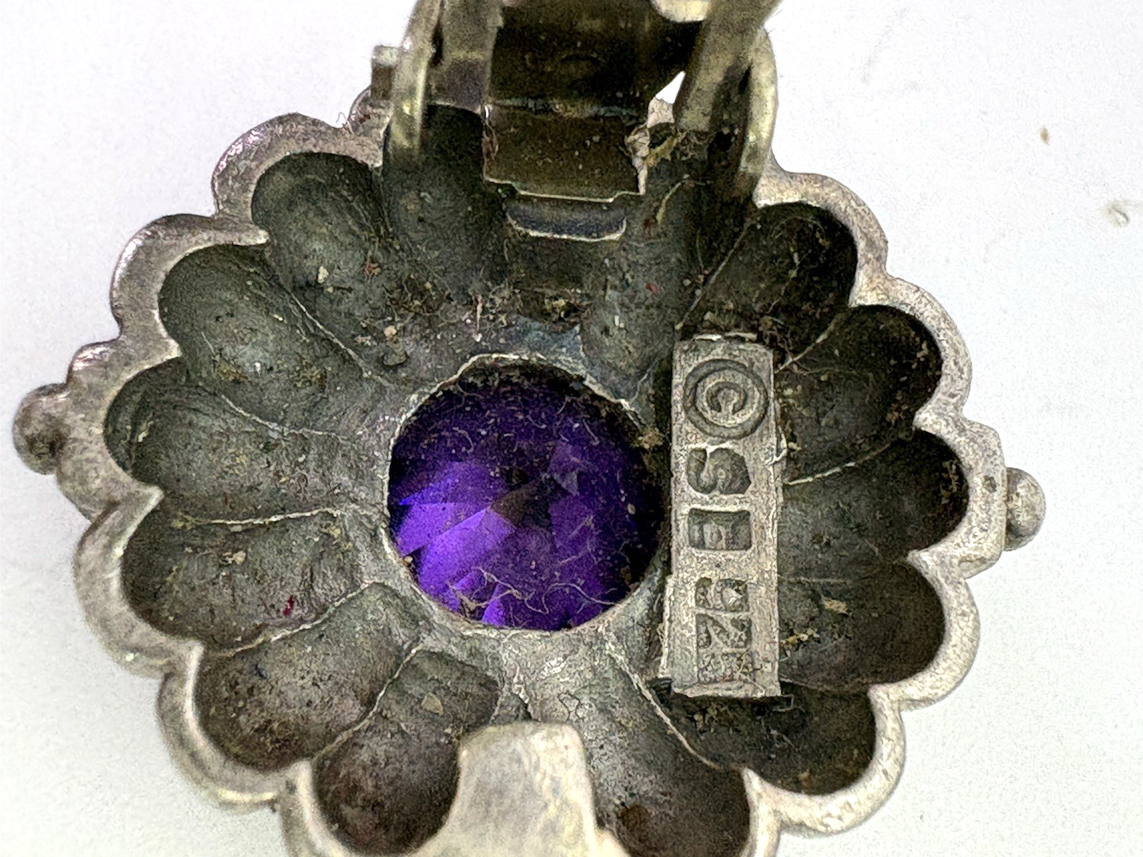 Vintage 925 Sterling Silver Amethyst Clip-On Earrings Thailand Floral Sunburst