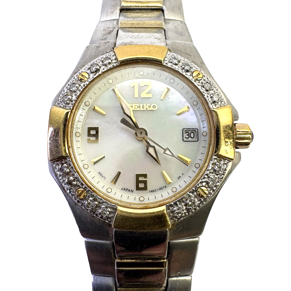 Seiko Coutura Diamond Bezel Women’s Watch 7N82-0BF0 MOP Dial AS-IS