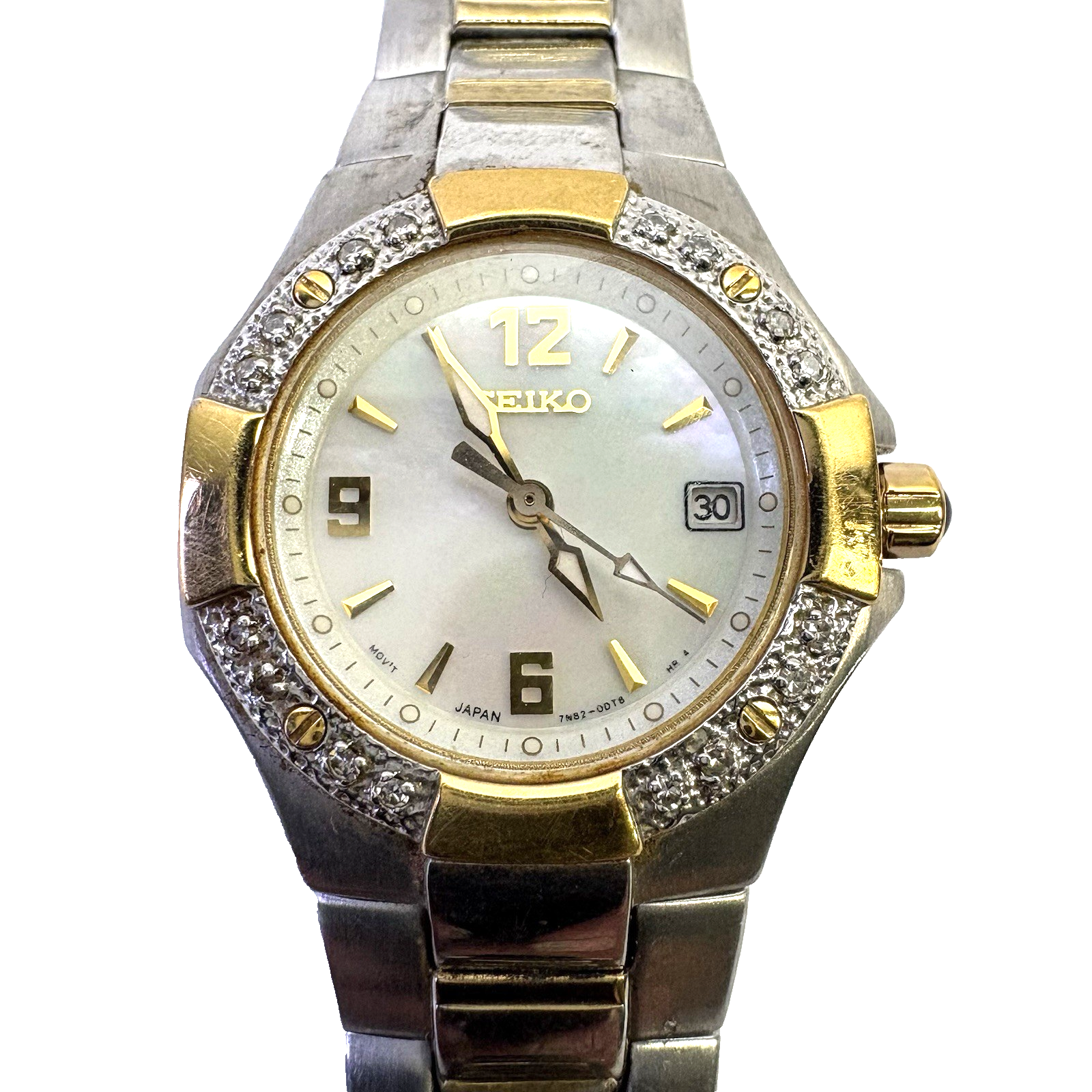Seiko Coutura Diamond Bezel Women’s Watch 7N82-0BF0 MOP Dial AS-IS