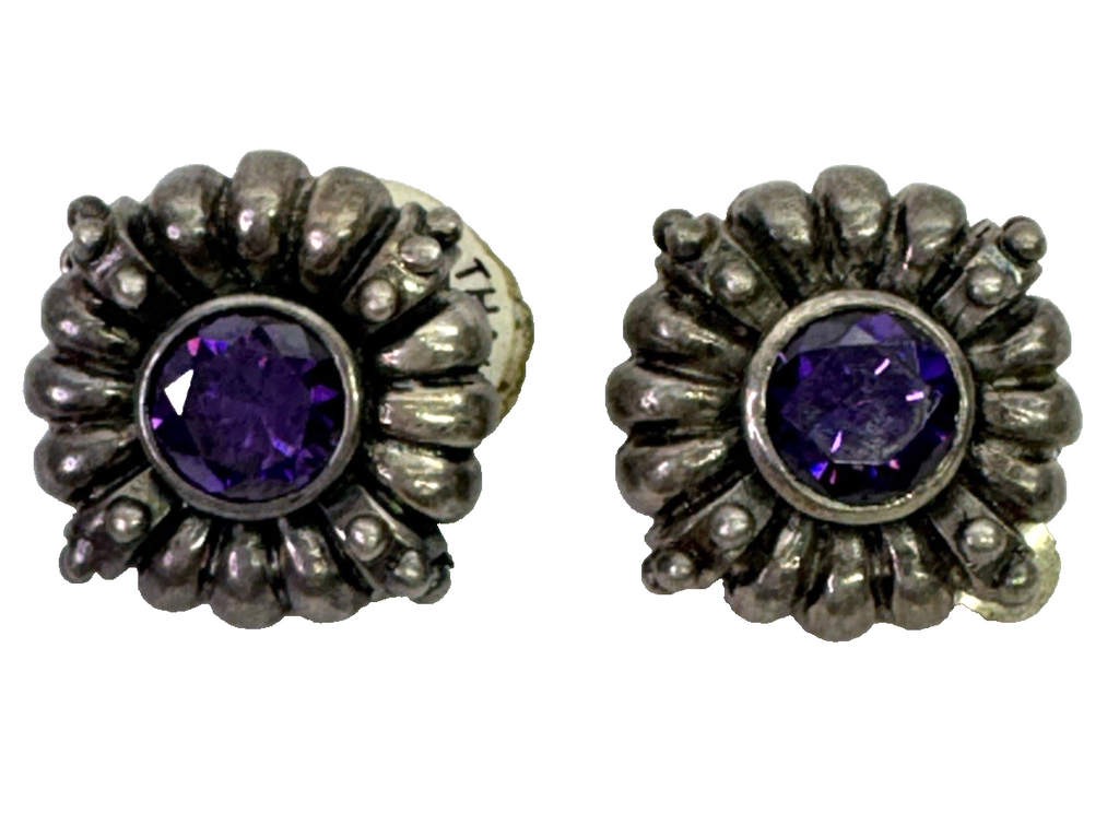 Vintage 925 Sterling Silver Amethyst Clip-On Earrings Thailand Floral Sunburst