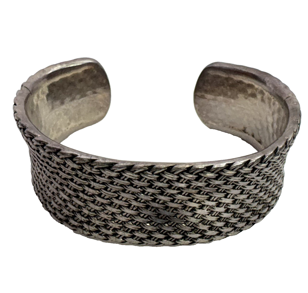 Vintage Premier Designs Basketweave Cuff Bracelet Silver Tone Wide Textured 