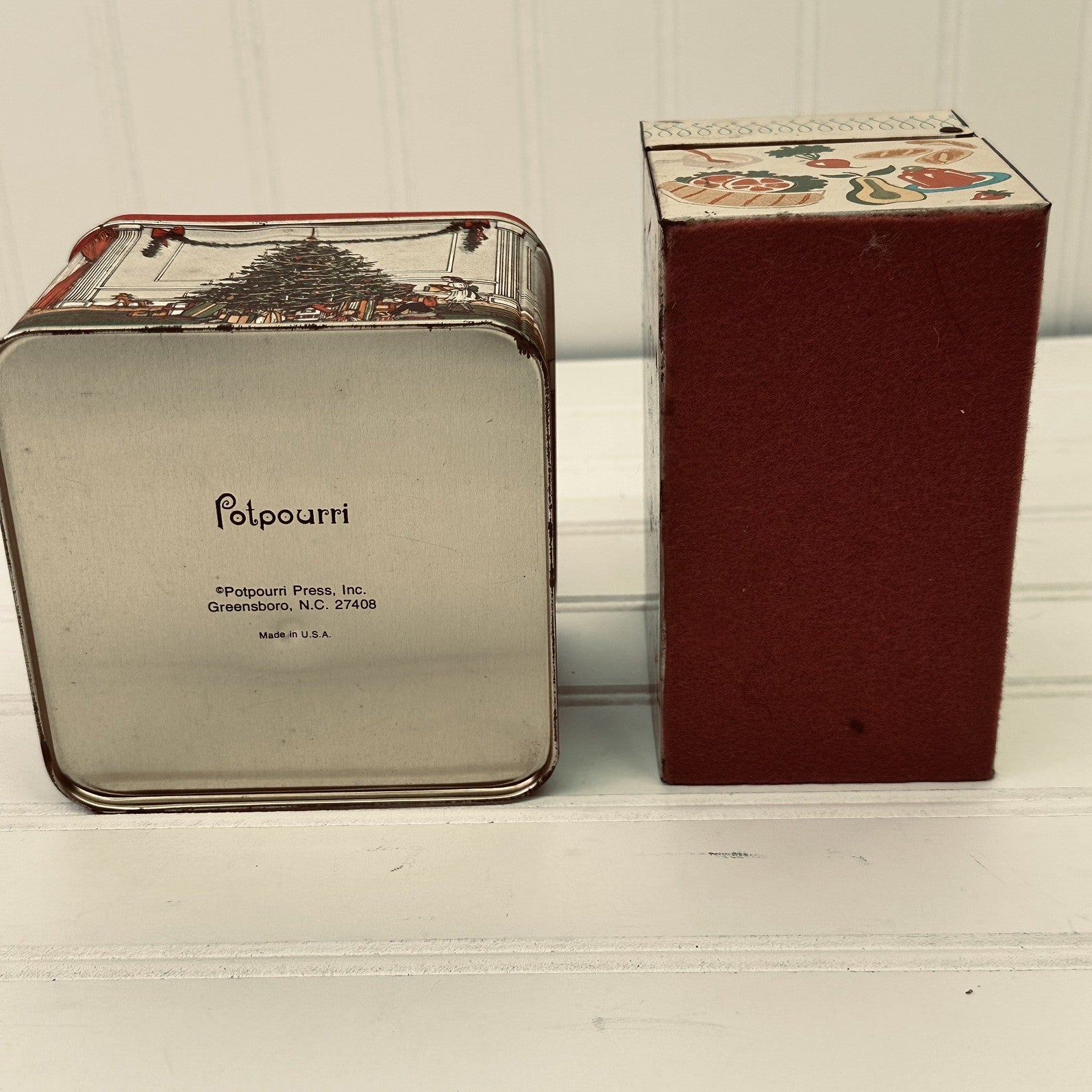 Lot 2 Vintage Tin Boxes Potpourri Press Recipe Tin & Christmas Scene Storage
