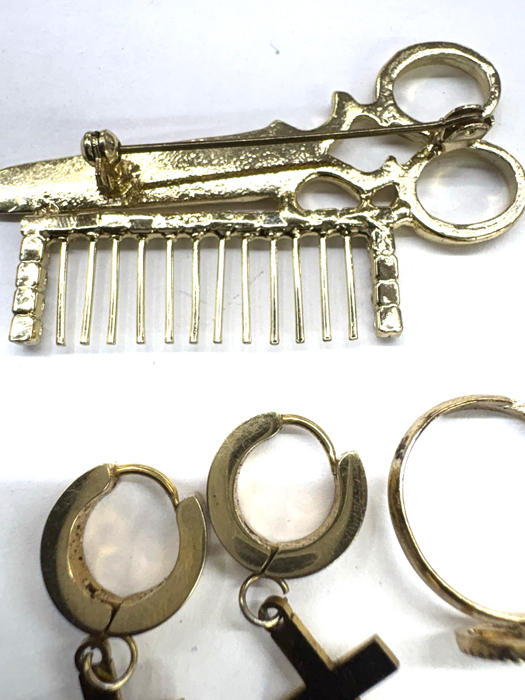 Vintage Gold Tone Jewelry Lot Scissor Comb Brooch Cross Earrings Ring Set