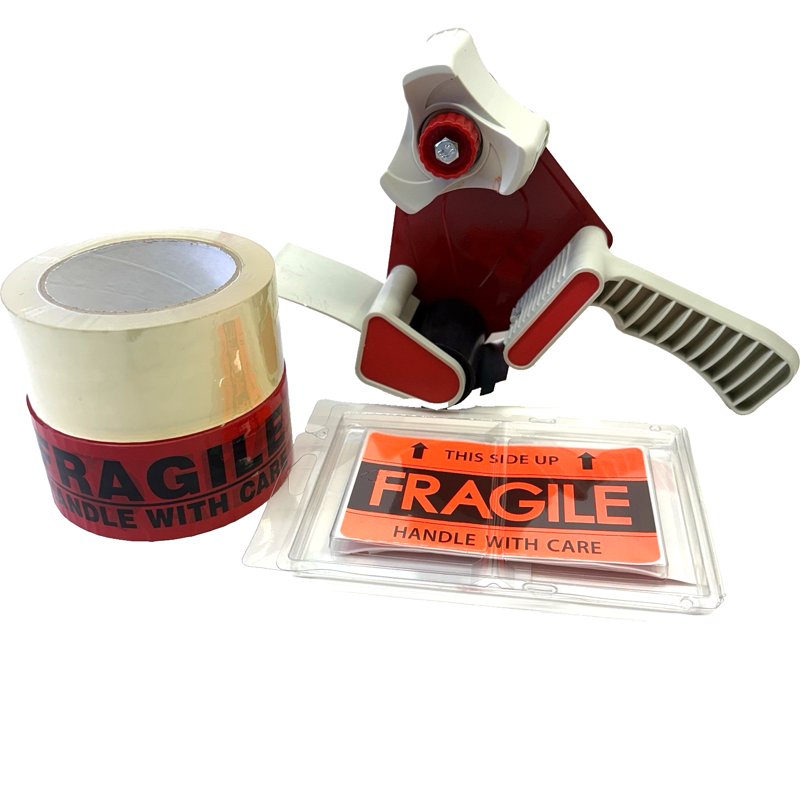 Tape Gun + Fragile Red Tape + 16 Labels + Clear Packing Tape New Bundle