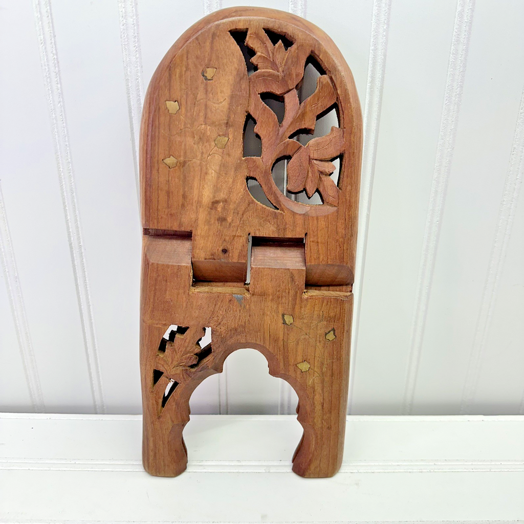 12” Hand Carved Wooden Folding Book Stand Brass Inlay Rehal Quran Bible India