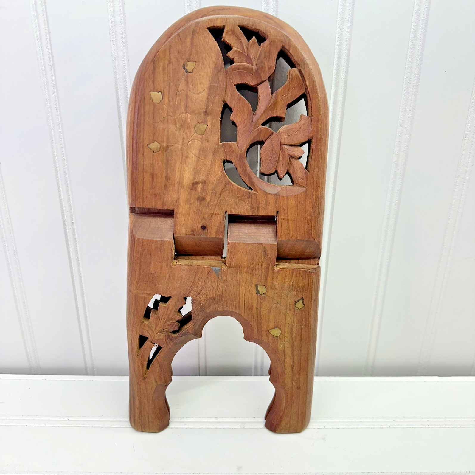 12” Hand Carved Wooden Folding Book Stand Brass Inlay Rehal Quran Bible India