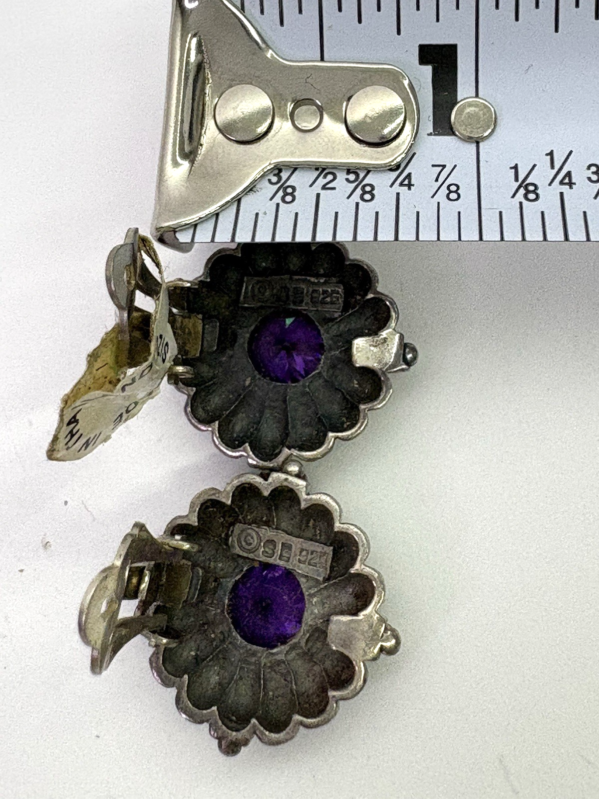 Vintage 925 Sterling Silver Amethyst Clip-On Earrings Thailand Floral Sunburst