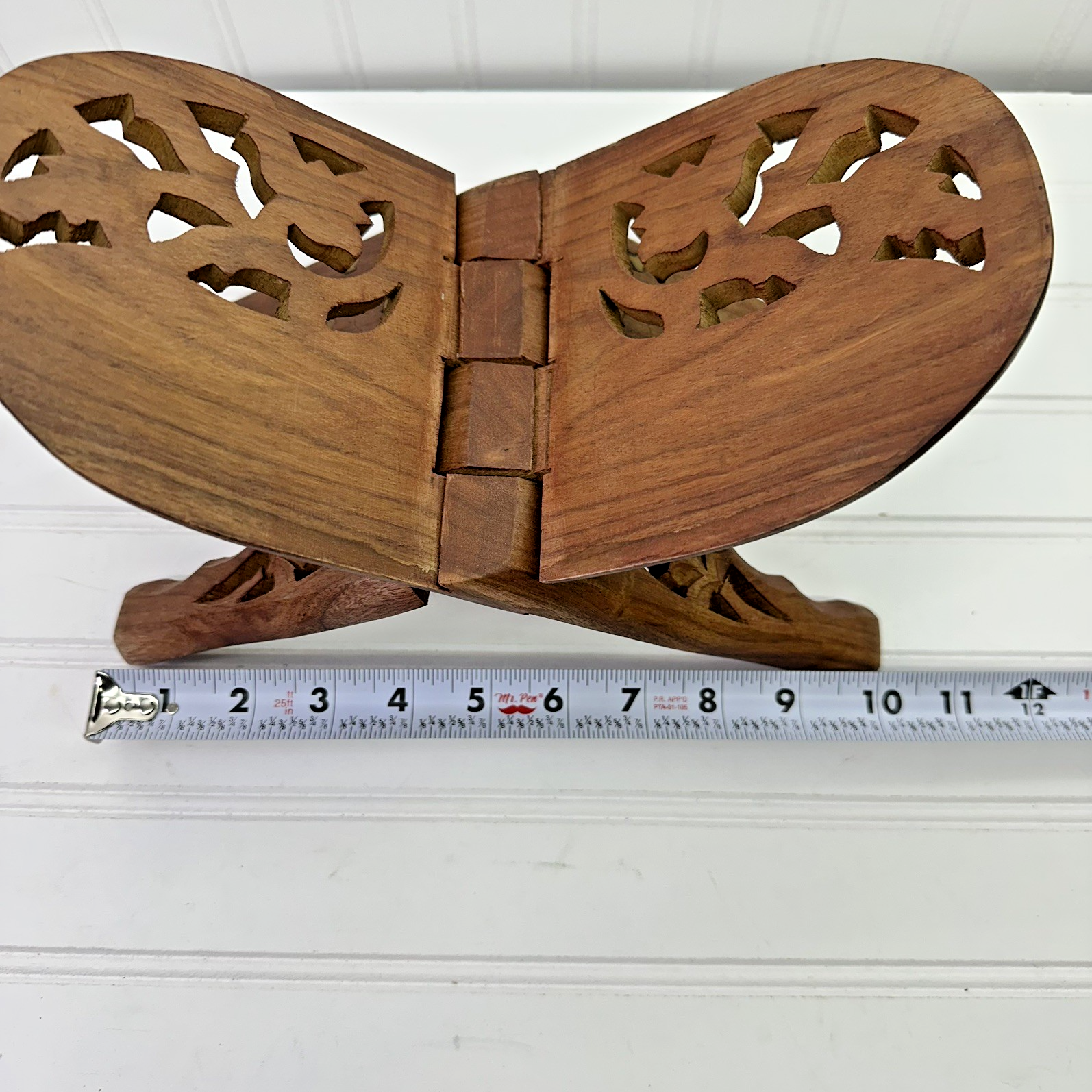 12” Hand Carved Wooden Folding Book Stand Brass Inlay Rehal Quran Bible India