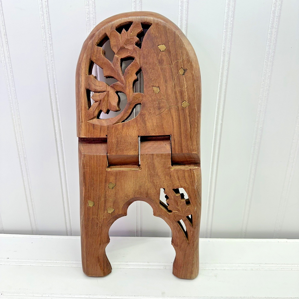 12” Hand Carved Wooden Folding Book Stand Brass Inlay Rehal Quran Bible India