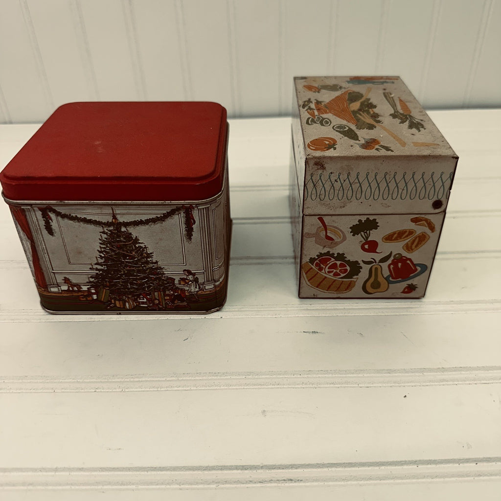 Lot 2 Vintage Tin Boxes Potpourri Press Recipe Tin & Christmas Scene Storage