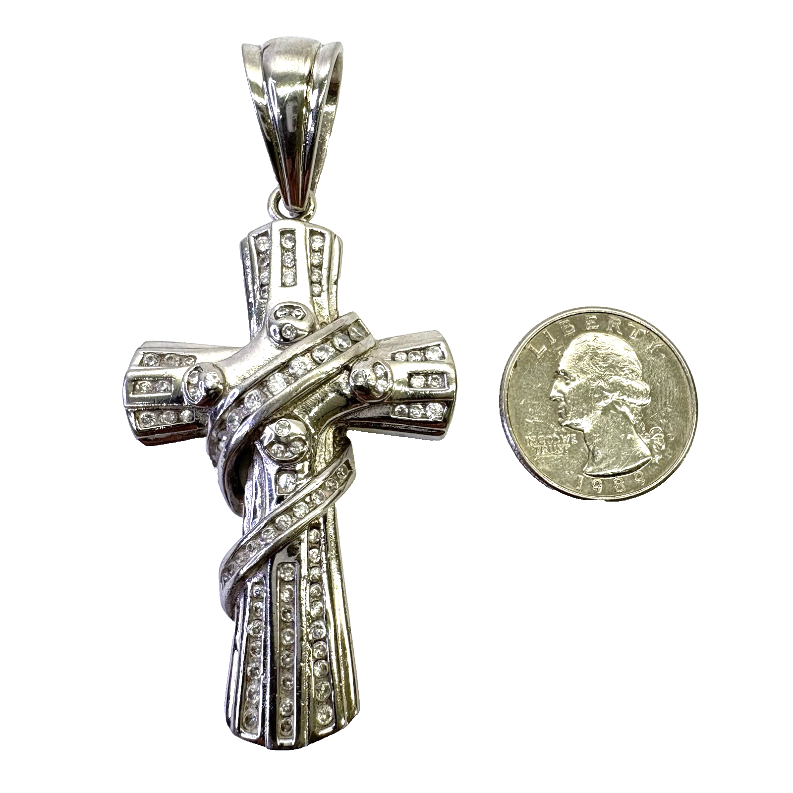 925 Sterling Silver Cross Pendant CZ 35.28g 80.9mm