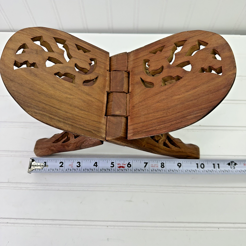 12” Hand Carved Wooden Folding Book Stand Brass Inlay Rehal Quran Bible India