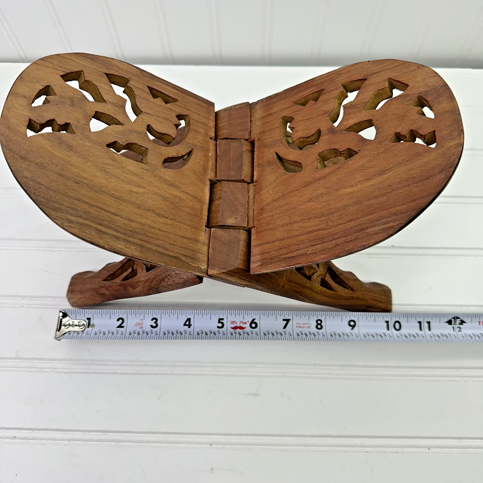 12” Hand Carved Wooden Folding Book Stand Brass Inlay Rehal Quran Bible India