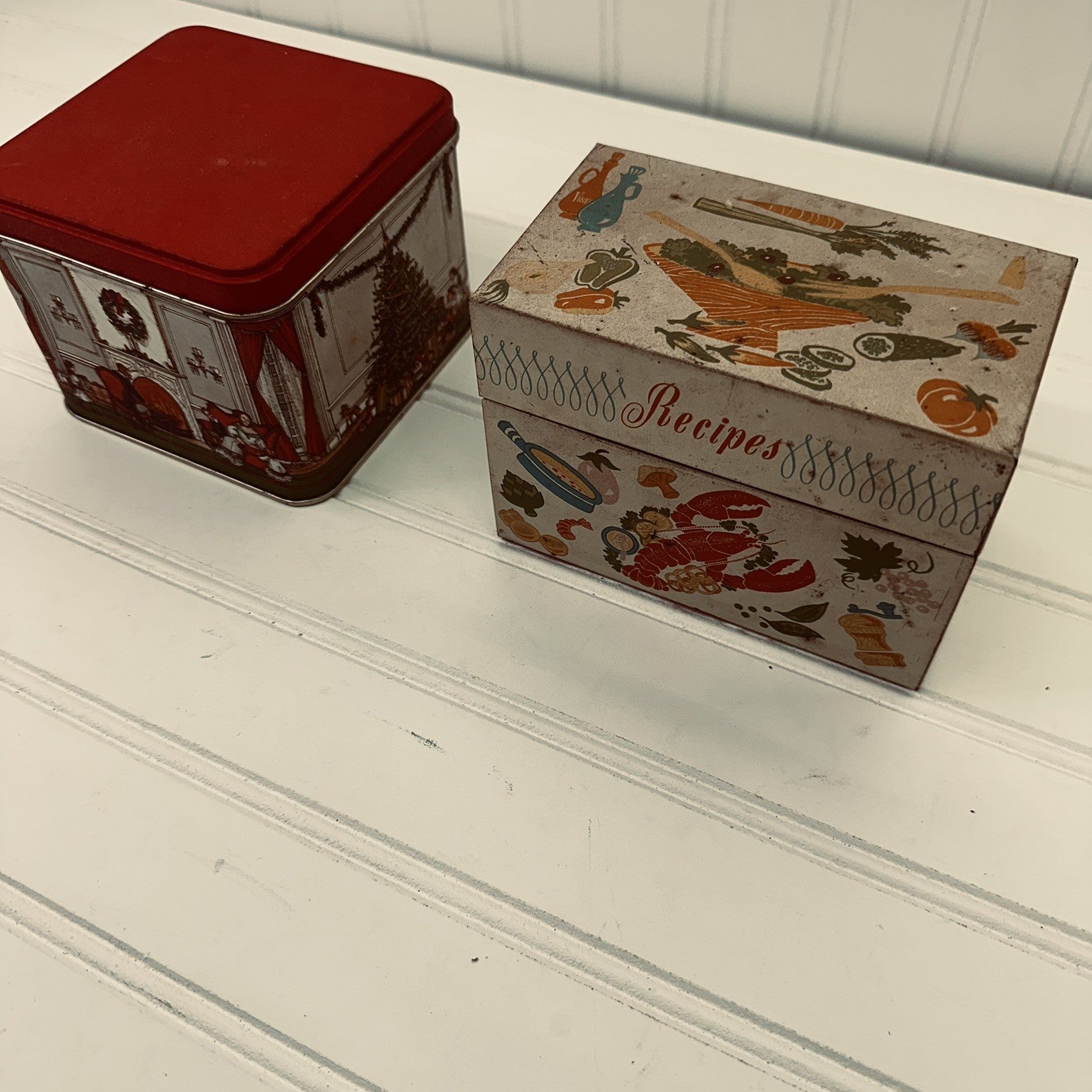 Lot 2 Vintage Tin Boxes Potpourri Press Recipe Tin & Christmas Scene Storage