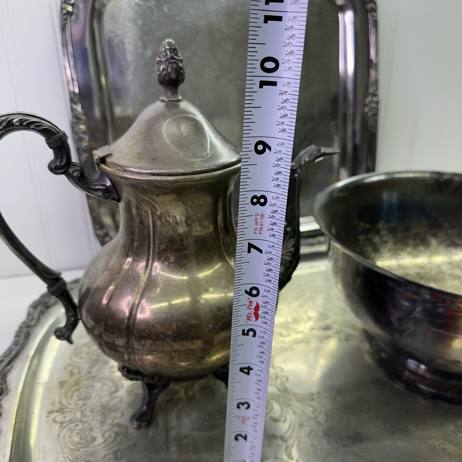 4 Vintage Silverplate Tray Set Lot Tea Coffee Pot Bowl Ornate Serving