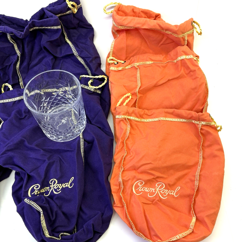 Lot 7 Crown Royal Bags Peach Purple Drawstring + Bonus CRWNRL Glass