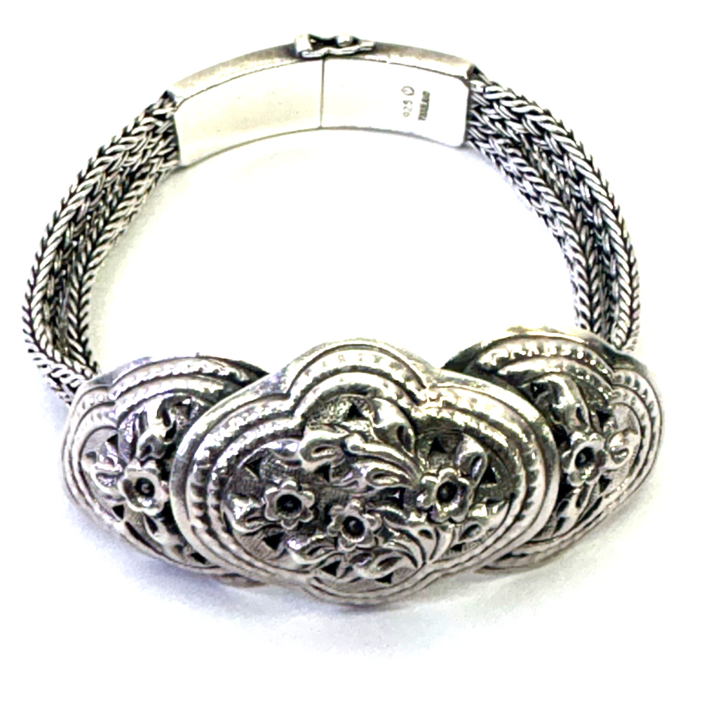 925 Sterling Silver Thailand Floral Multi Strand Bracelet 7.5” 41.59g