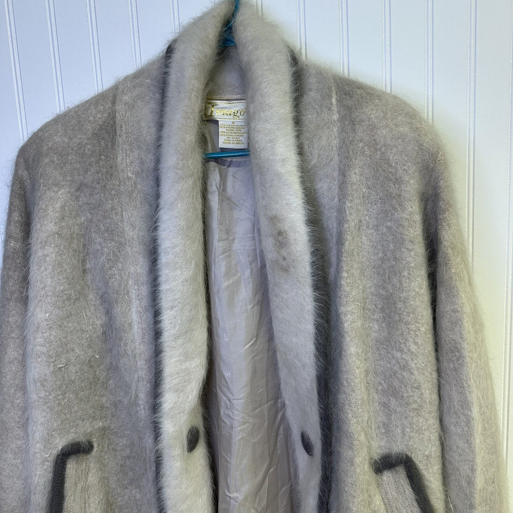 Vintage Imago Coat Small Beige Angora  Wool Blend Fuzzy Open Front Pockets