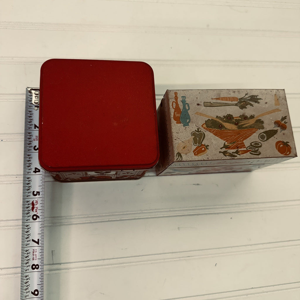Lot 2 Vintage Tin Boxes Potpourri Press Recipe Tin & Christmas Scene Storage