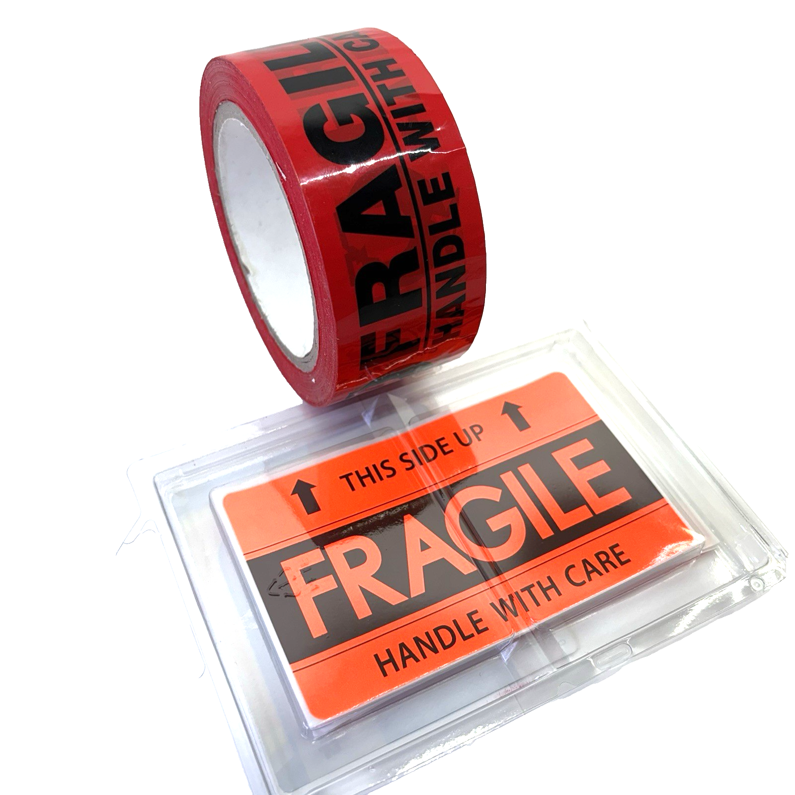 Tape Gun + Fragile Red Tape + 16 Labels + Clear Packing Tape New Bundle