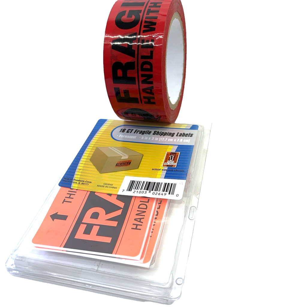 Tape Gun + Fragile Red Tape + 16 Labels + Clear Packing Tape New Bundle
