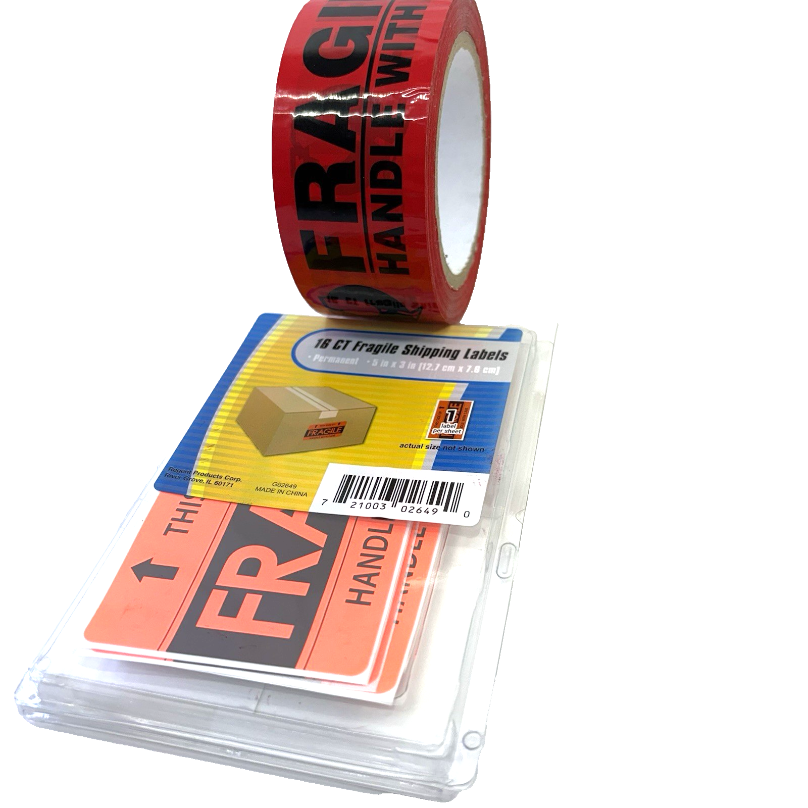 Tape Gun + Fragile Red Tape + 16 Labels + Clear Packing Tape New Bundle