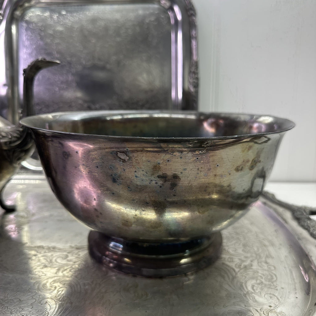 4 Vintage Silverplate Tray Set Lot Tea Coffee Pot Bowl Ornate Serving