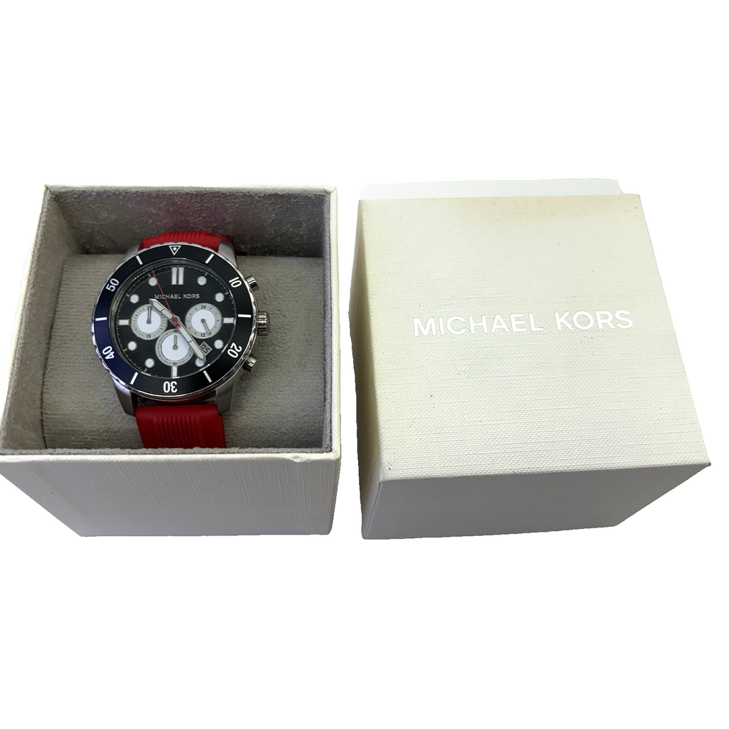 Michael Kors Cunningham Mens Chronograph Watch, Black Dial, Red Silicone Strap