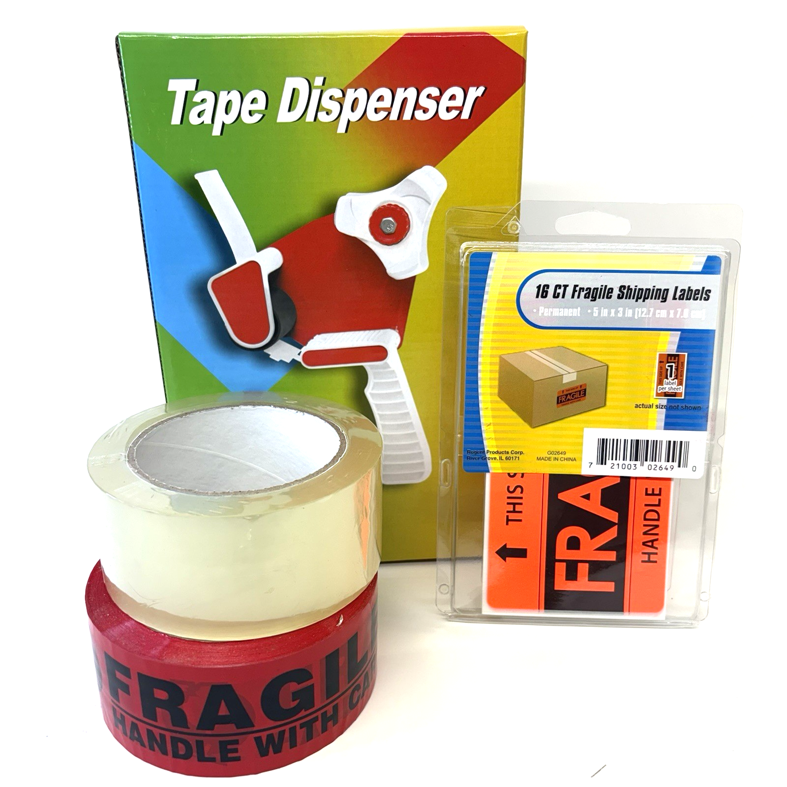 Tape Gun + Fragile Red Tape + 16 Labels + Clear Packing Tape New Bundle