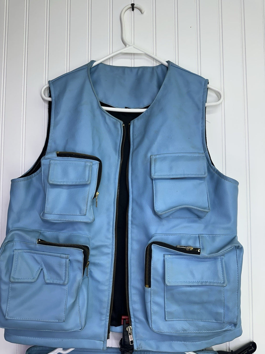 Y2K Blue Faux Leather Cargo Pants Size 32  & Utility Vest Set Mens Size M