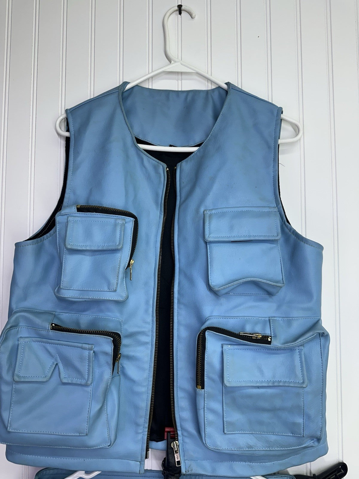 Y2K Blue Faux Leather Cargo Pants Size 32  & Utility Vest Set Mens Size M