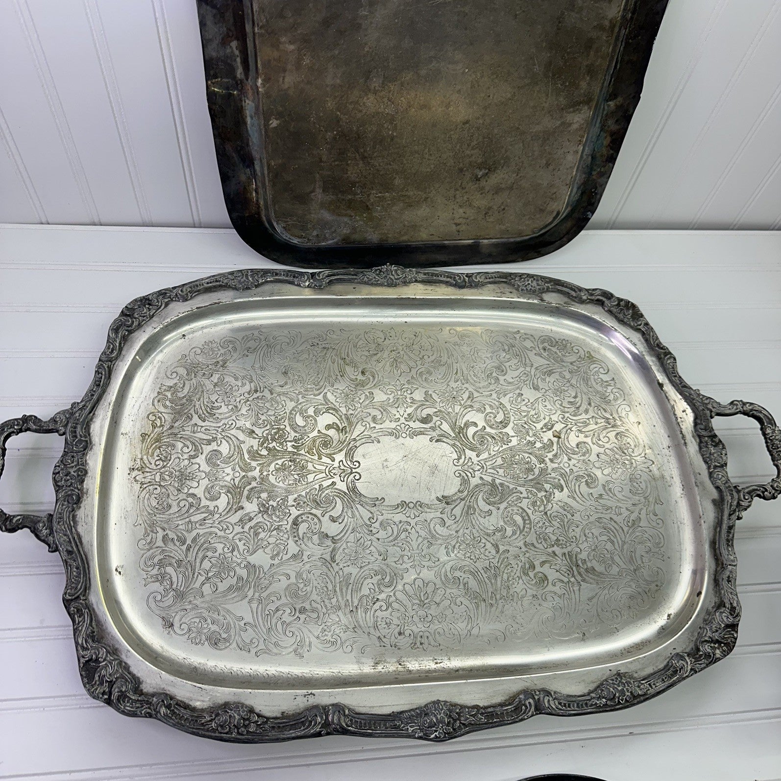 4 Vintage Silverplate Tray Set Lot Tea Coffee Pot Bowl Ornate Serving