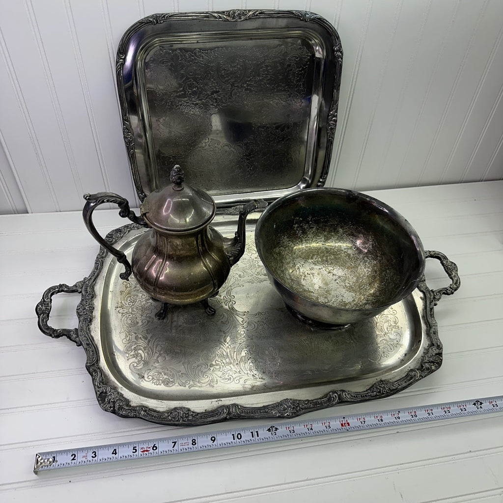 4 Vintage Silverplate Tray Set Lot Tea Coffee Pot Bowl Ornate Serving