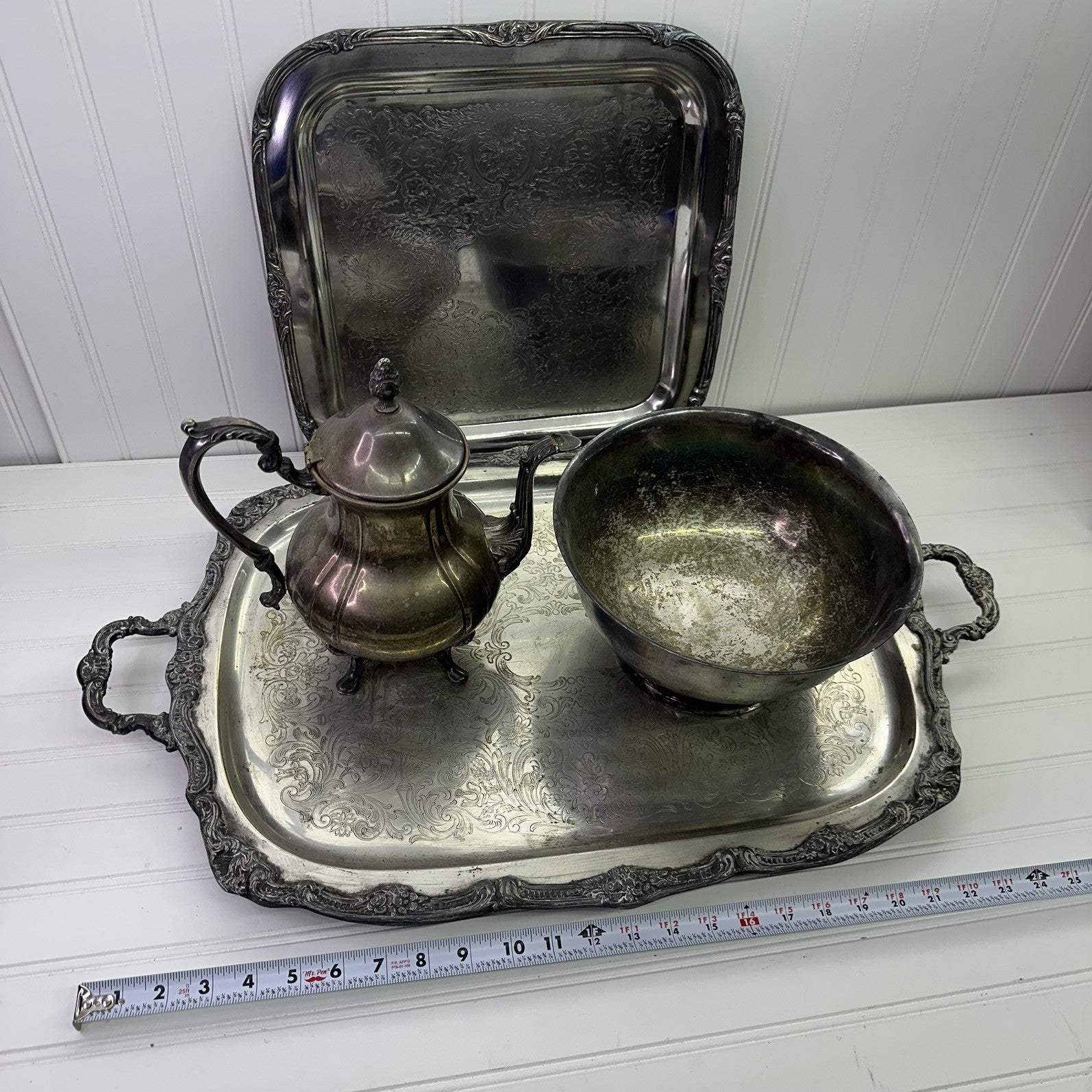 4 Vintage Silverplate Tray Set Lot Tea Coffee Pot Bowl Ornate Serving