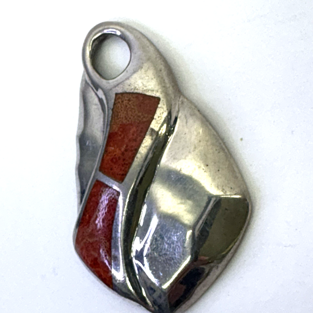 Vintage Modernist Silver Tone Red Inlay Pendant Abstract Artisan Charm