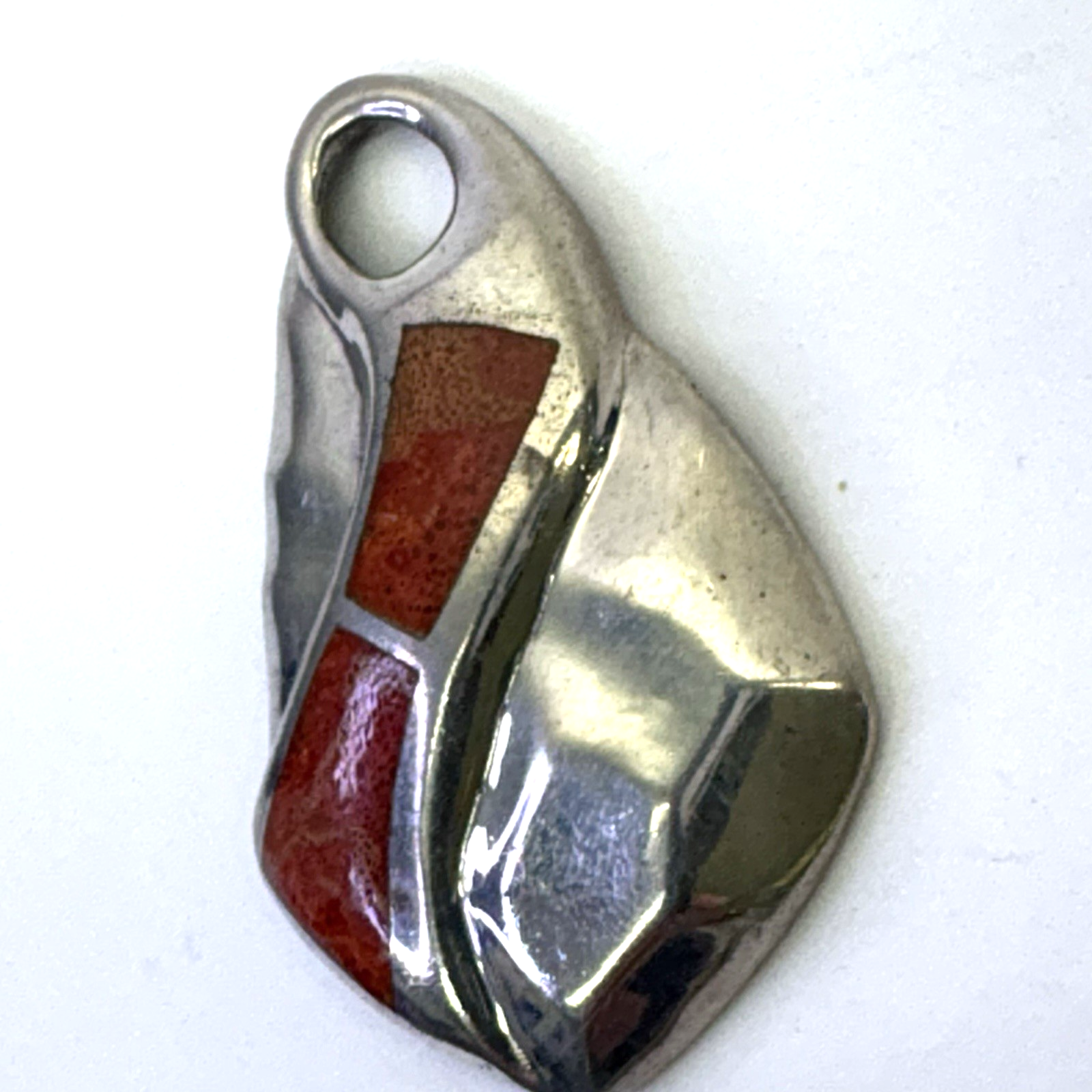 Vintage Modernist Silver Tone Red Inlay Pendant Abstract Artisan Charm