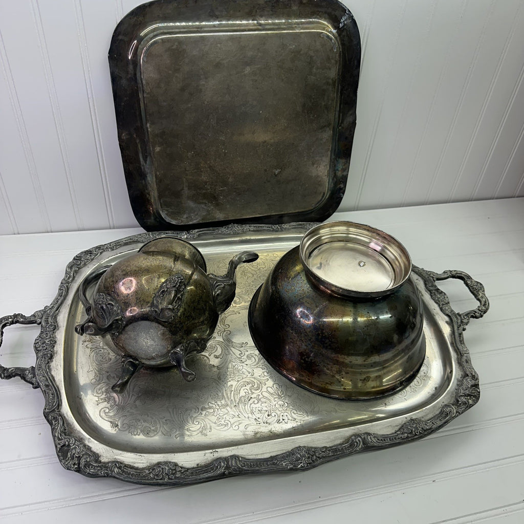 4 Vintage Silverplate Tray Set Lot Tea Coffee Pot Bowl Ornate Serving