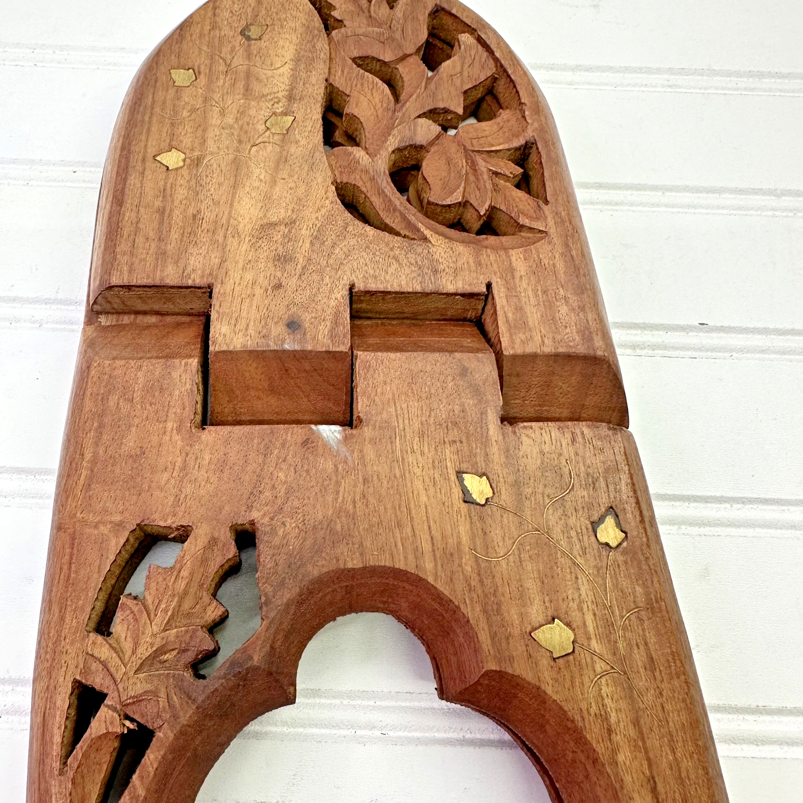 12” Hand Carved Wooden Folding Book Stand Brass Inlay Rehal Quran Bible India