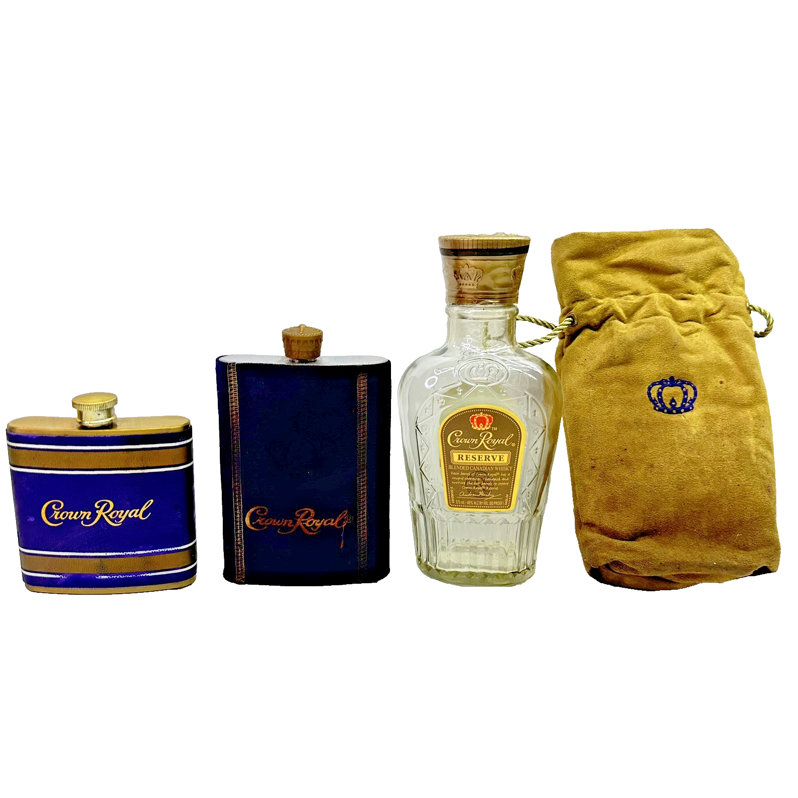 Lot  Crown Royal FlaskEmpty Bottles Reserve Glass Bottle Tin & Bag Set