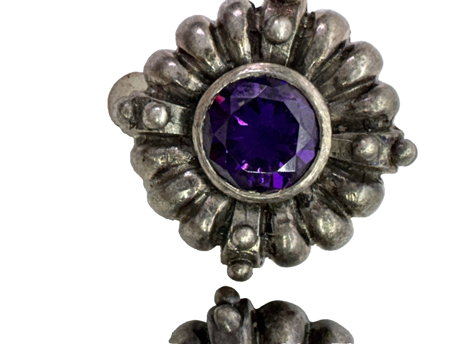 Vintage 925 Sterling Silver Amethyst Clip-On Earrings Thailand Floral Sunburst