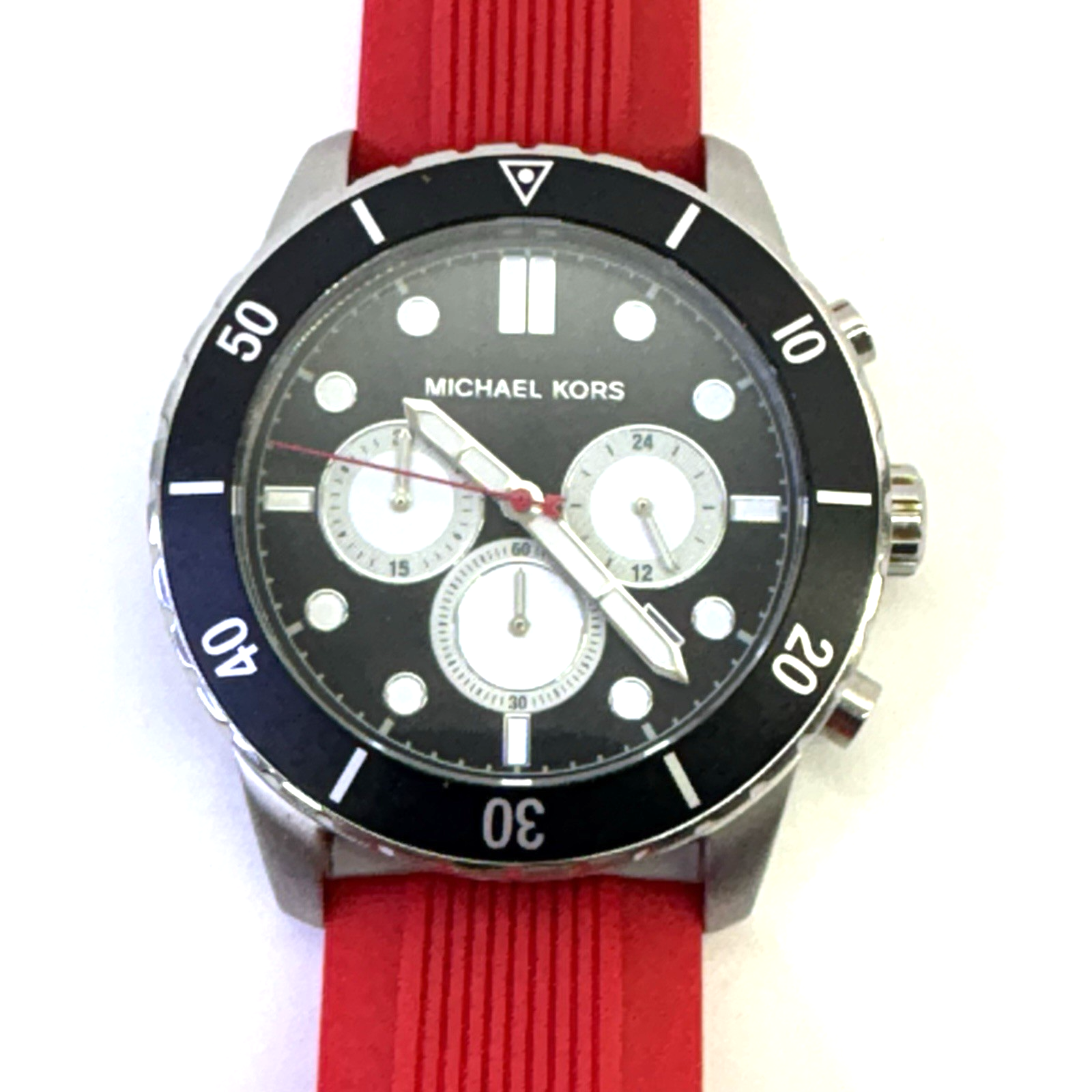 Michael Kors Cunningham Mens Chronograph Watch, Black Dial, Red Silicone Strap