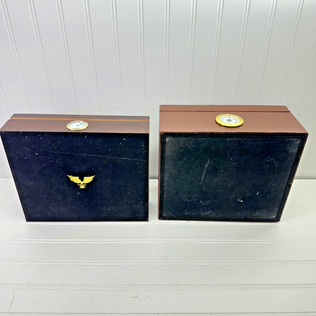 Lot of 2 Cigar Humidor Glass Top Box Hygrometer Cedar Wood Leather & Bald Eagle