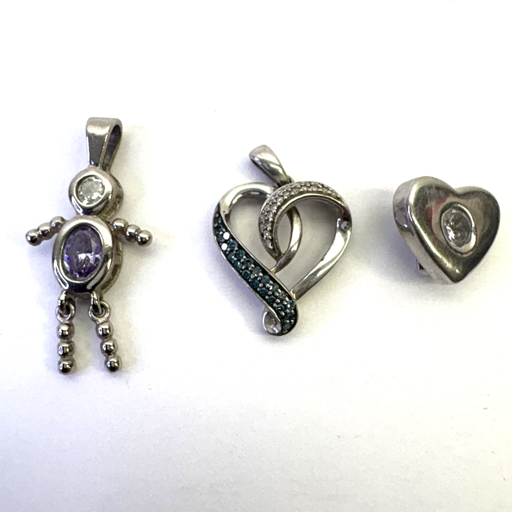 925 Sterling Silver Charm Pendant Lot Heart Blue CZ Girl Figure 3pc 7.36g Vintag