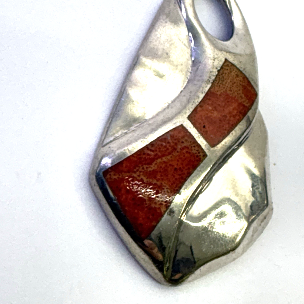 Vintage Modernist Silver Tone Red Inlay Pendant Abstract Artisan Charm