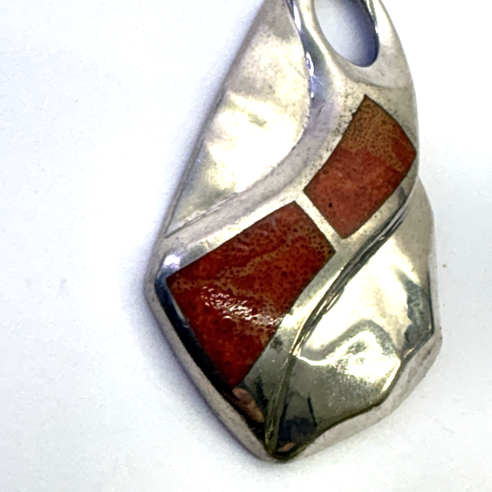 Vintage Modernist Silver Tone Red Inlay Pendant Abstract Artisan Charm