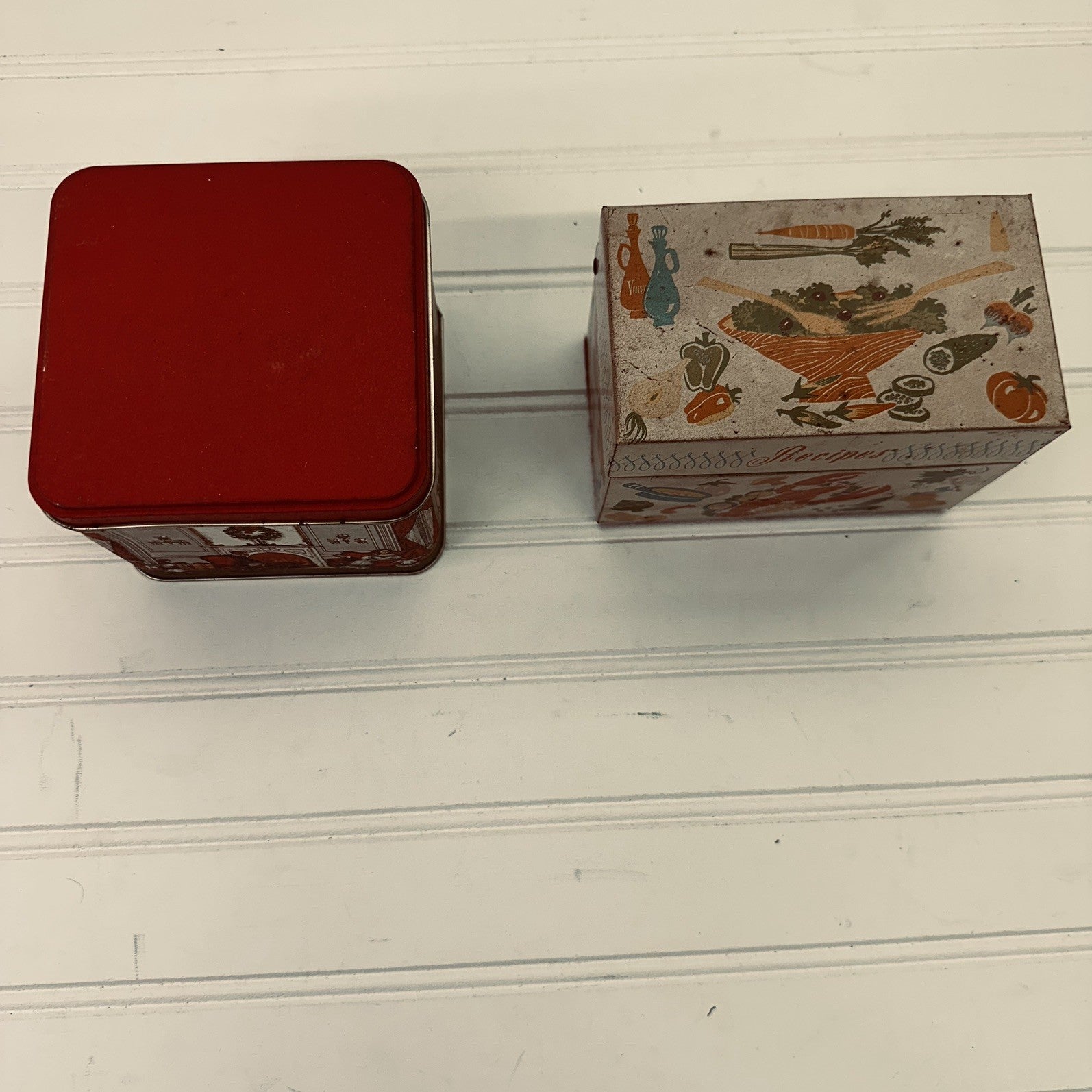 Lot 2 Vintage Tin Boxes Potpourri Press Recipe Tin & Christmas Scene Storage