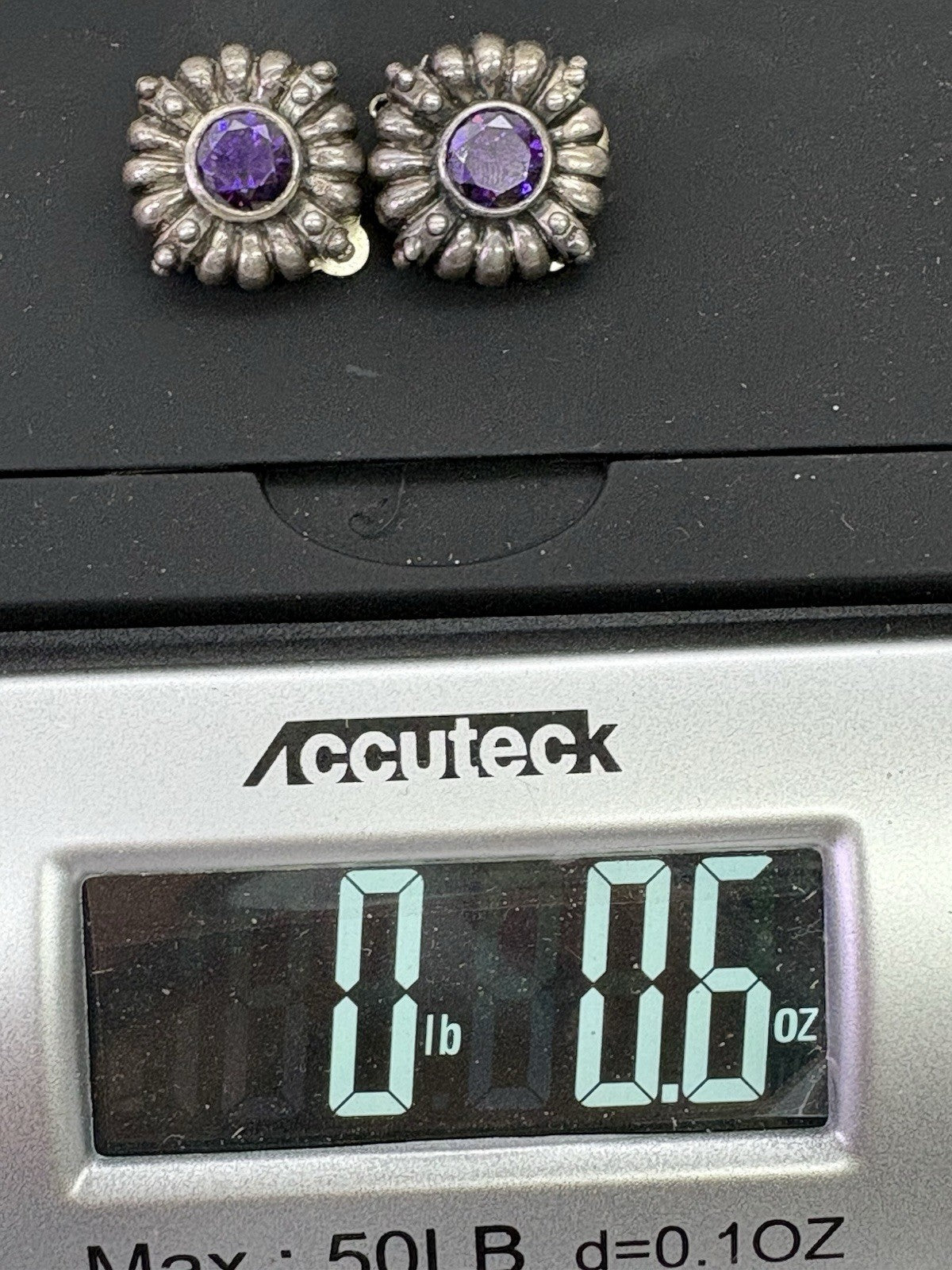 Vintage 925 Sterling Silver Amethyst Clip-On Earrings Thailand Floral Sunburst